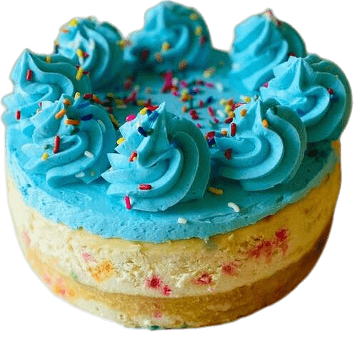 Blue frosted cake with colorful sprinkles on top and a pale yellow base