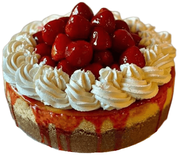 Strawberry cheesecake topped with whipped cream rosettes and fresh strawberries