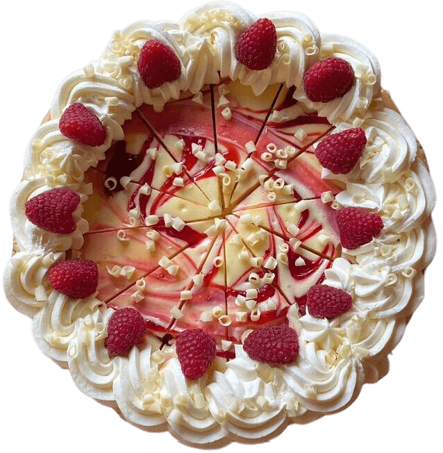 Round cake with white whipped cream, pink glaze, and fresh raspberries on top