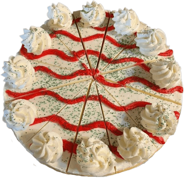 Round cake with white frosting, red swirls, and whipped cream rosettes on top