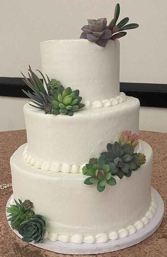 Three-tier white cake decorated with green and purple succulents and white pearl border accents