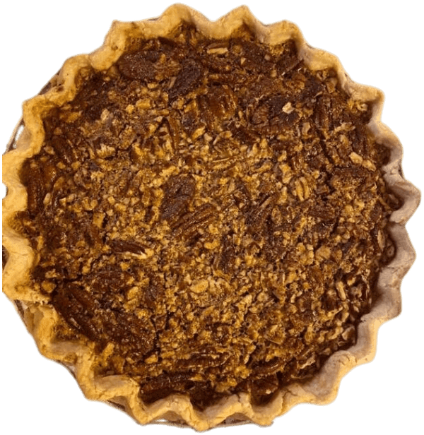 Round pie with a golden-brown crumb topping in a fluted crust
