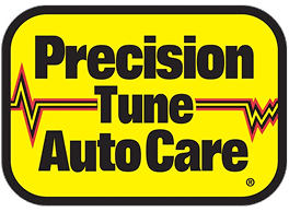 Precision Tune Auto Care logo on yellow background with black text and red heartbeat line