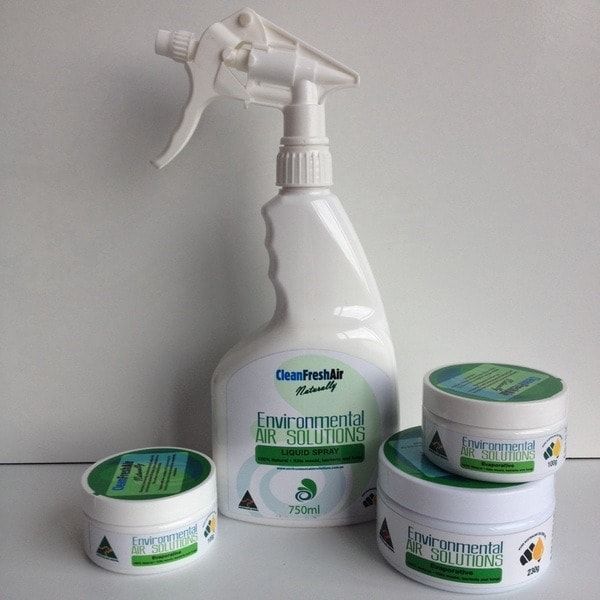 A spray bottle and three jars of environmental air solutions