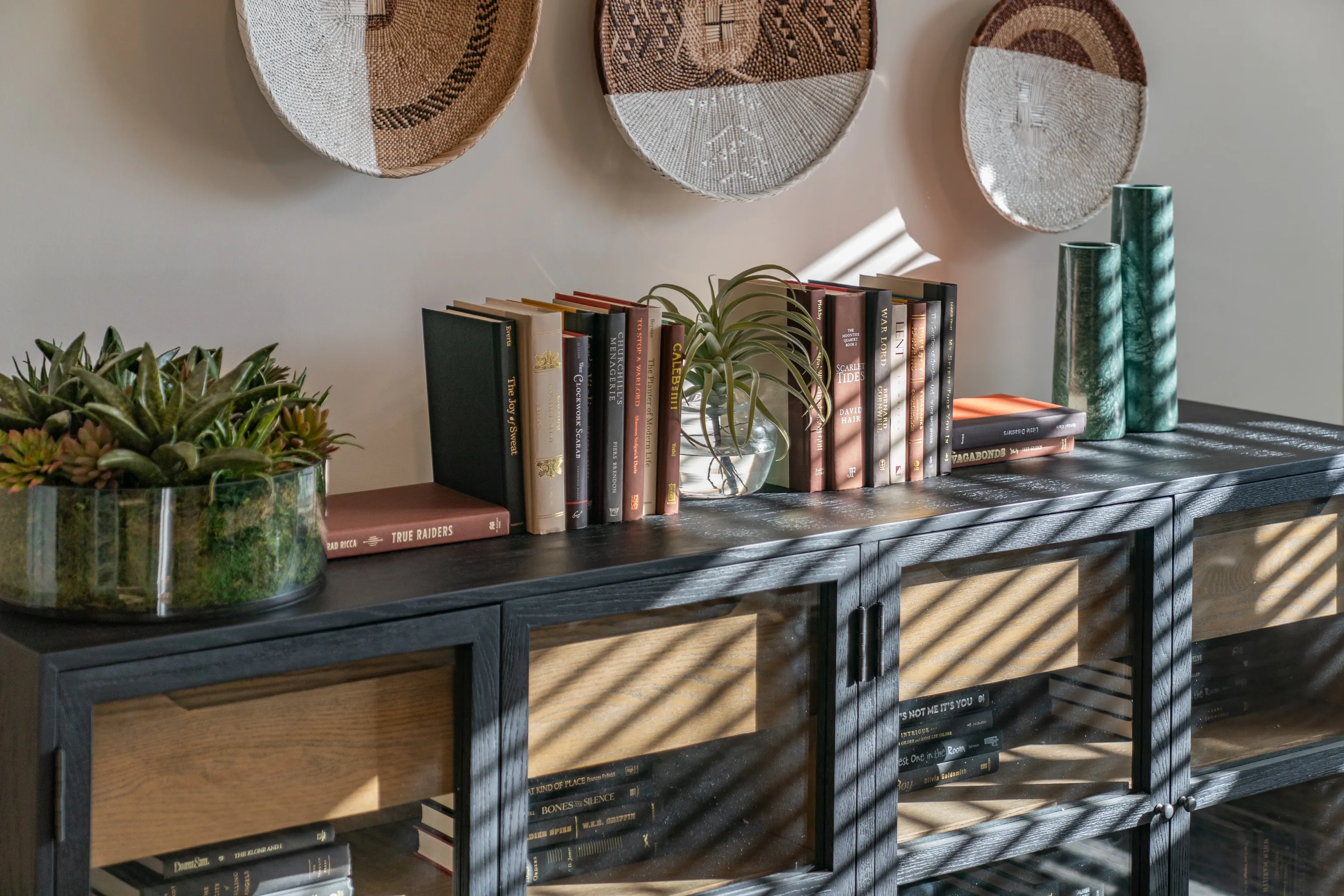 A dark wood credenza with glass doors displays books and decor, including a large plant and decorati…