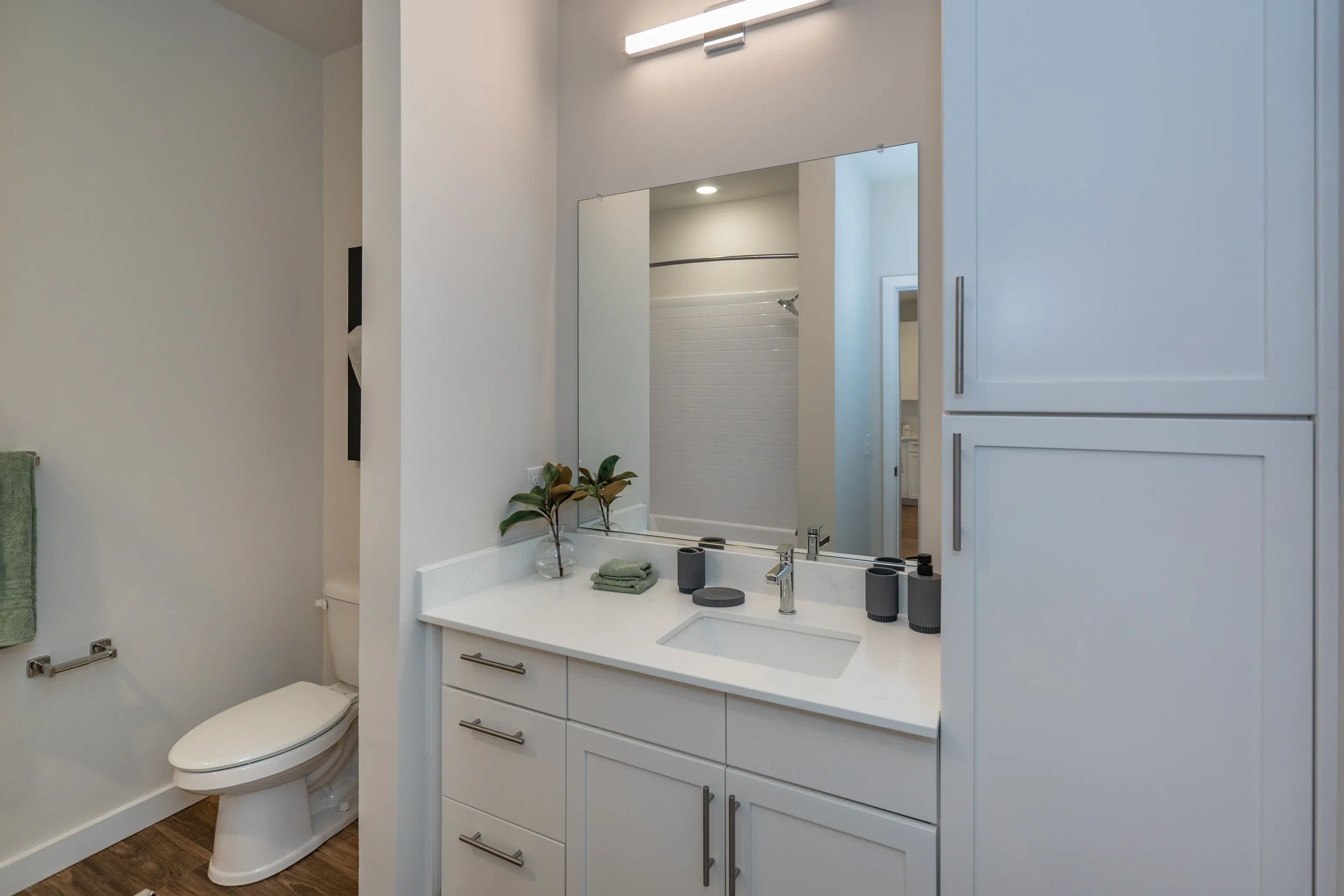 Bathroom with a white vanity, sink, and mirror. Toilet and storage cabinets are visible.