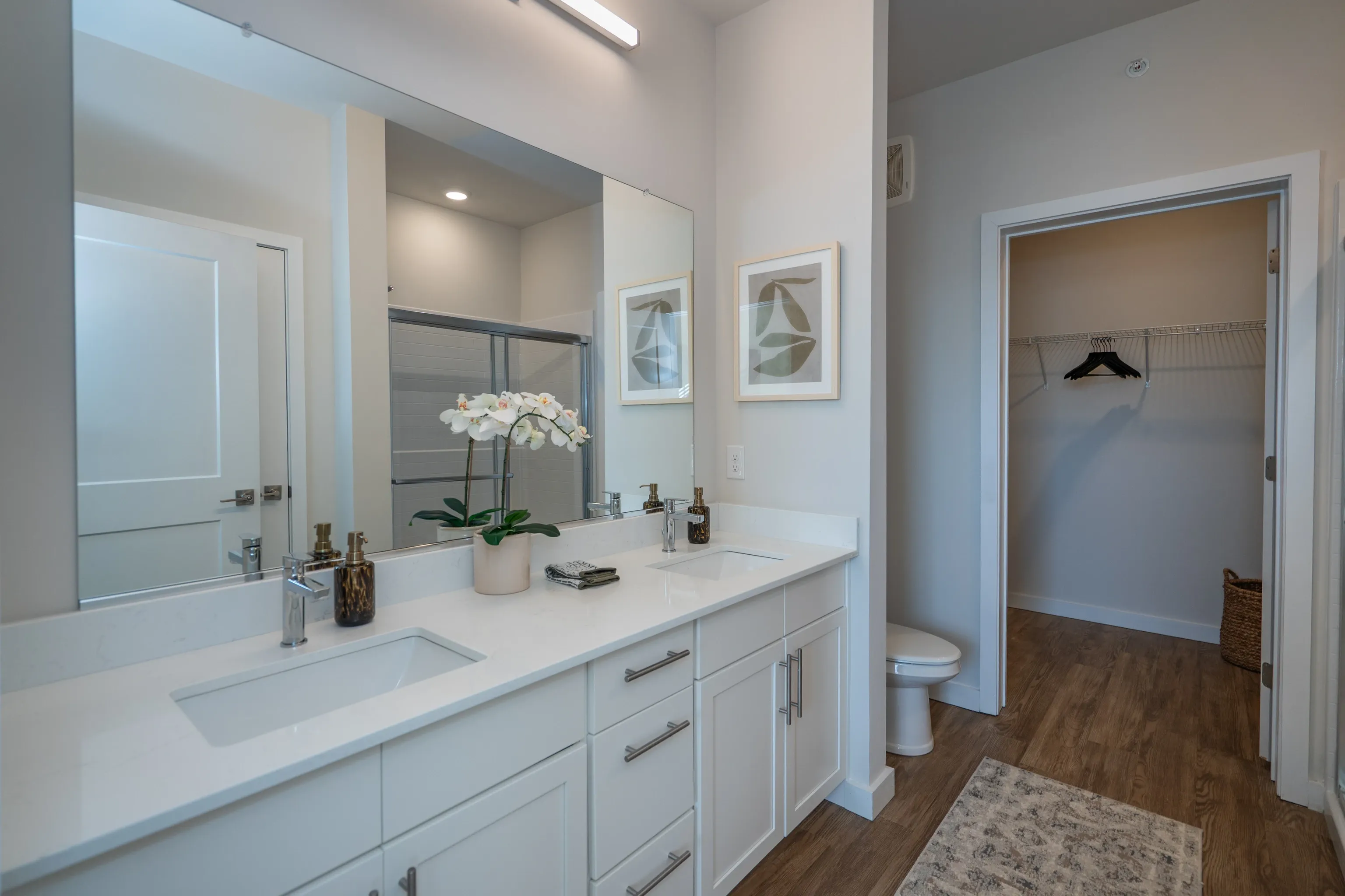 Modern bathroom with double vanity, large mirror, glass-enclosed shower, and walk-in closet.