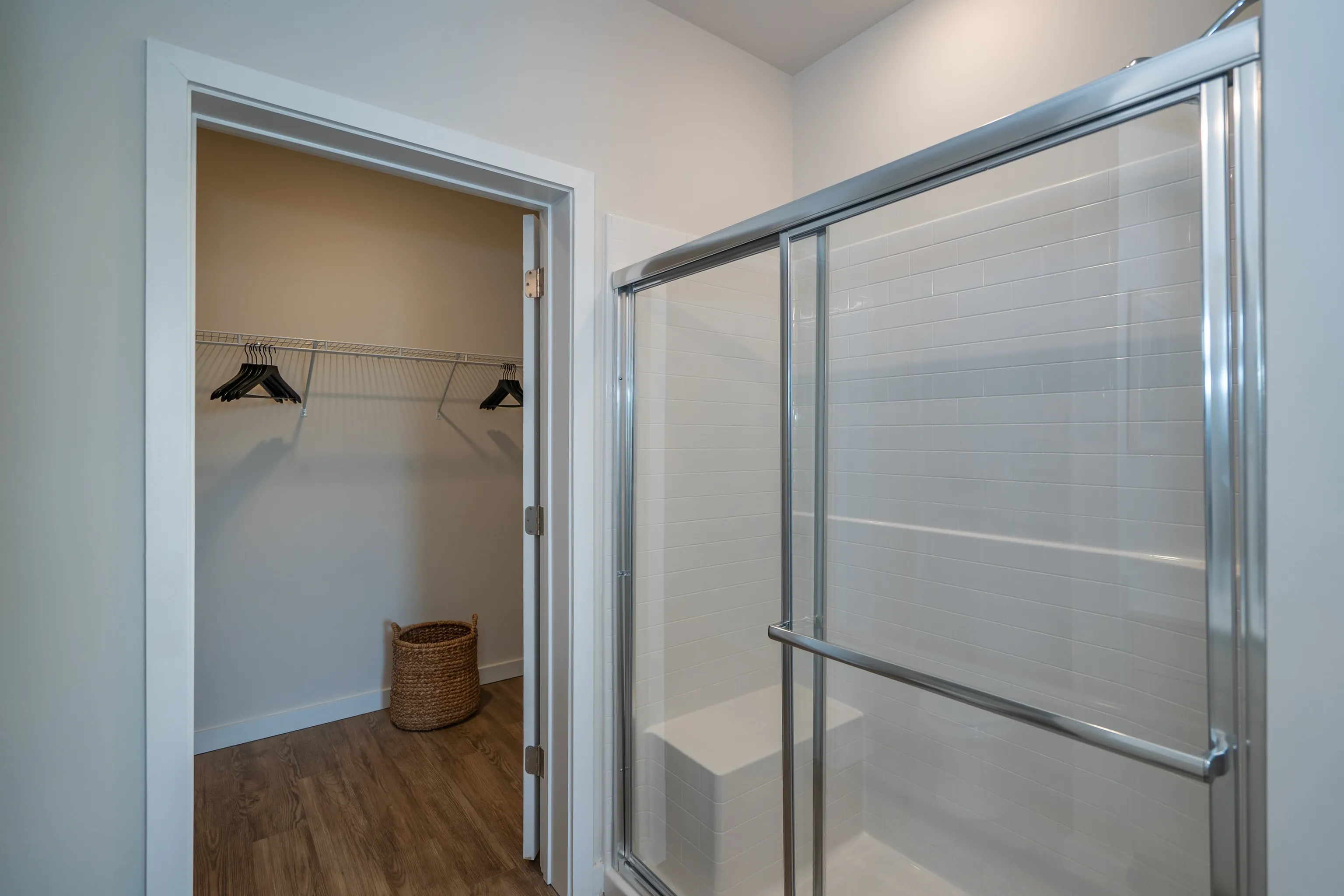 Modern bathroom with glass-enclosed shower and walk-in closet