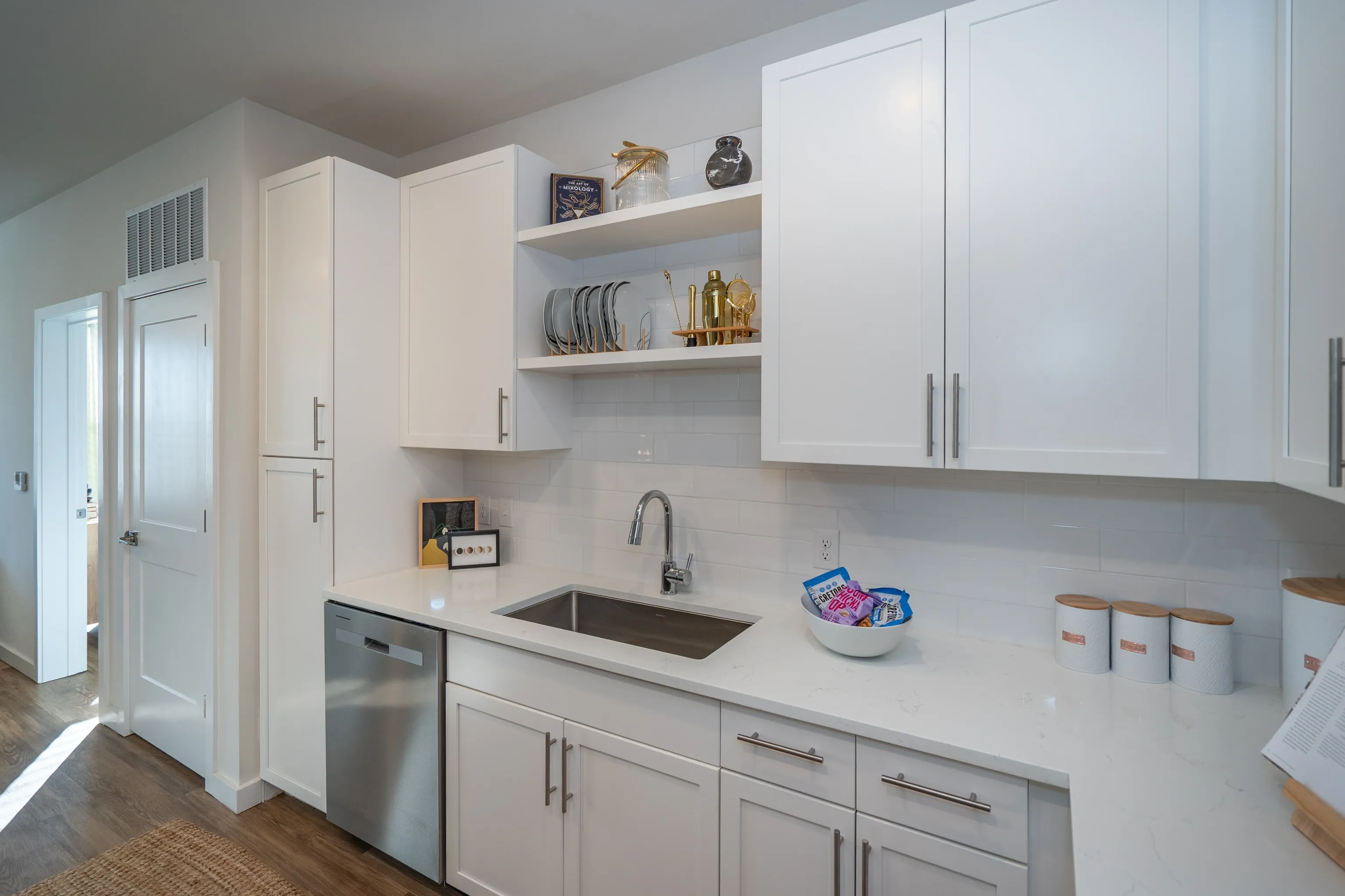 Modern white kitchen with stainless steel dishwasher and sink.