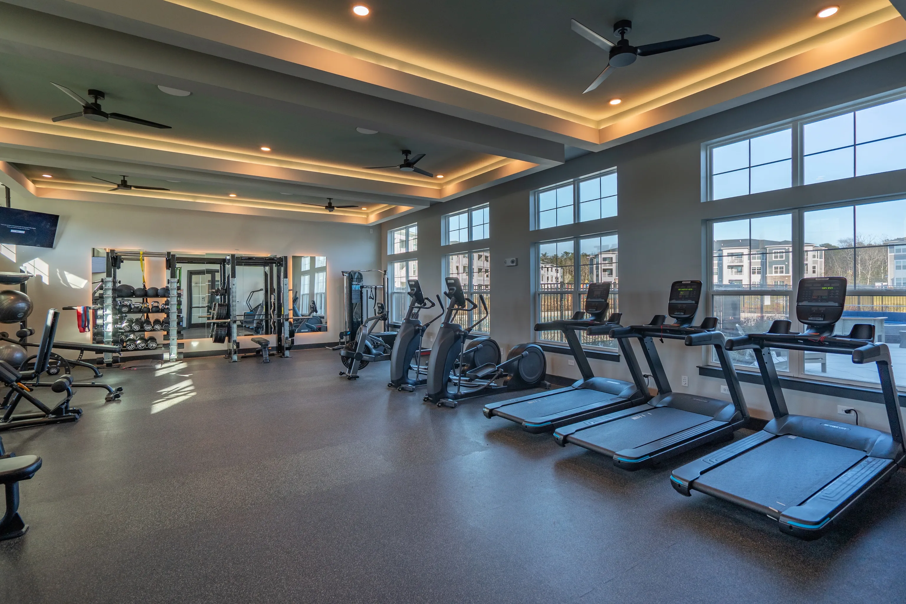 Modern gym with treadmills, ellipticals, and free weights.