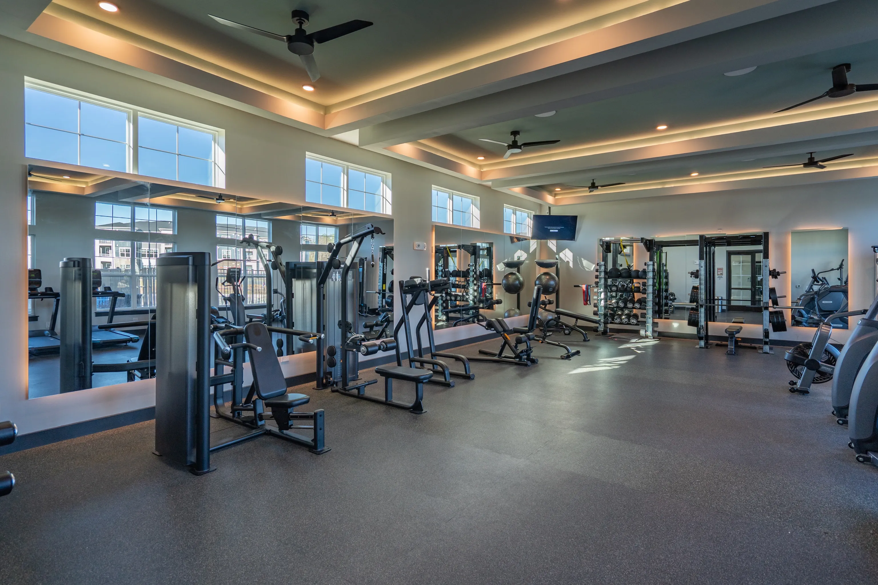 Modern apartment gym with treadmills, weight machines, and free weights.