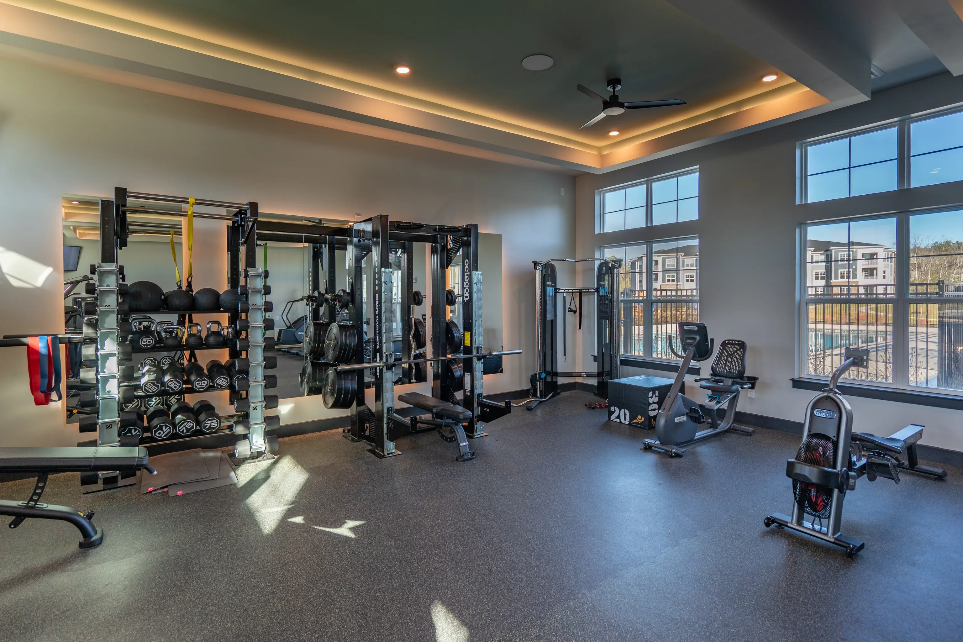 Well-equipped gym with weight racks, benches, cardio machines, and large mirrors.
