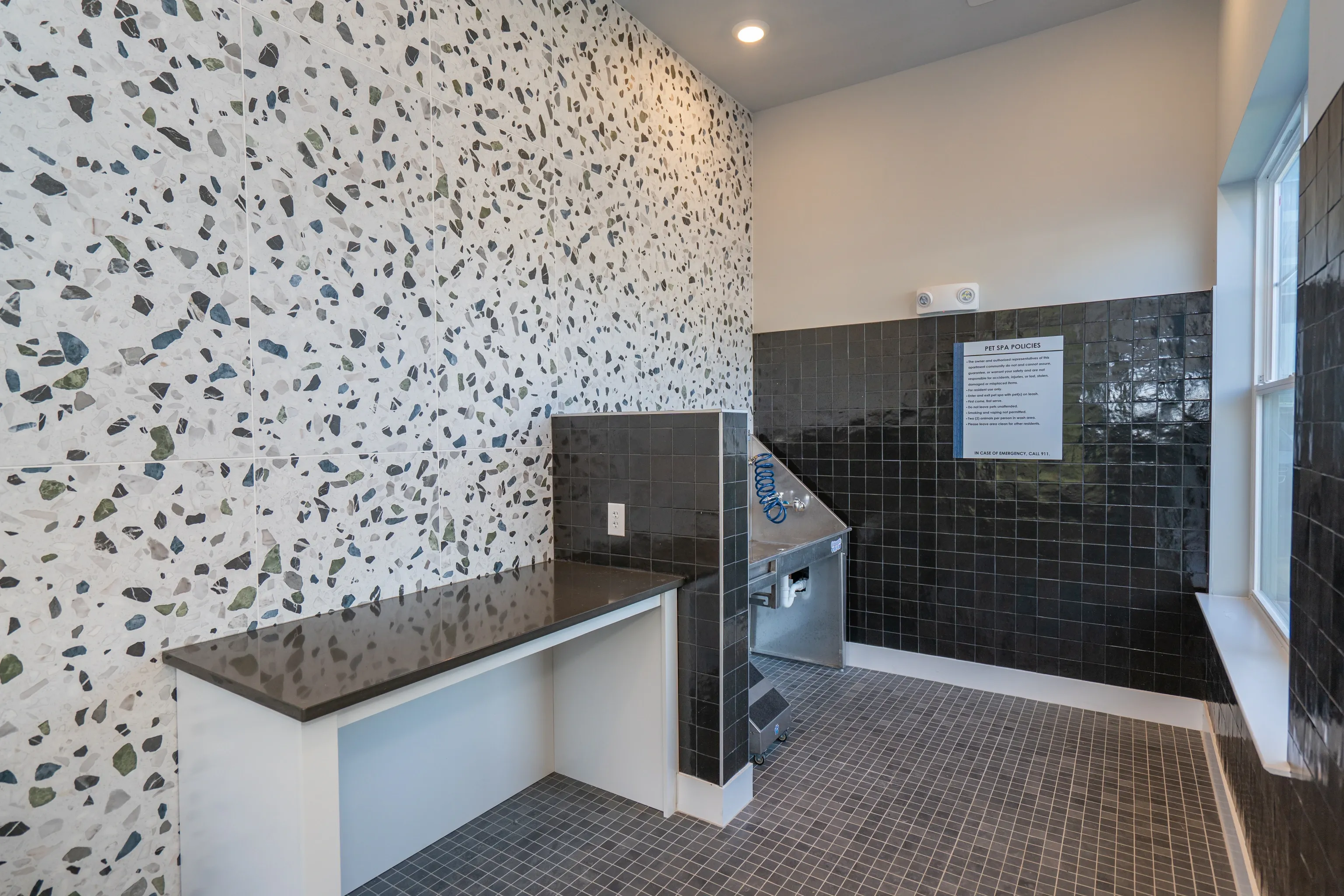 Pet spa area with a grooming station and counter space.