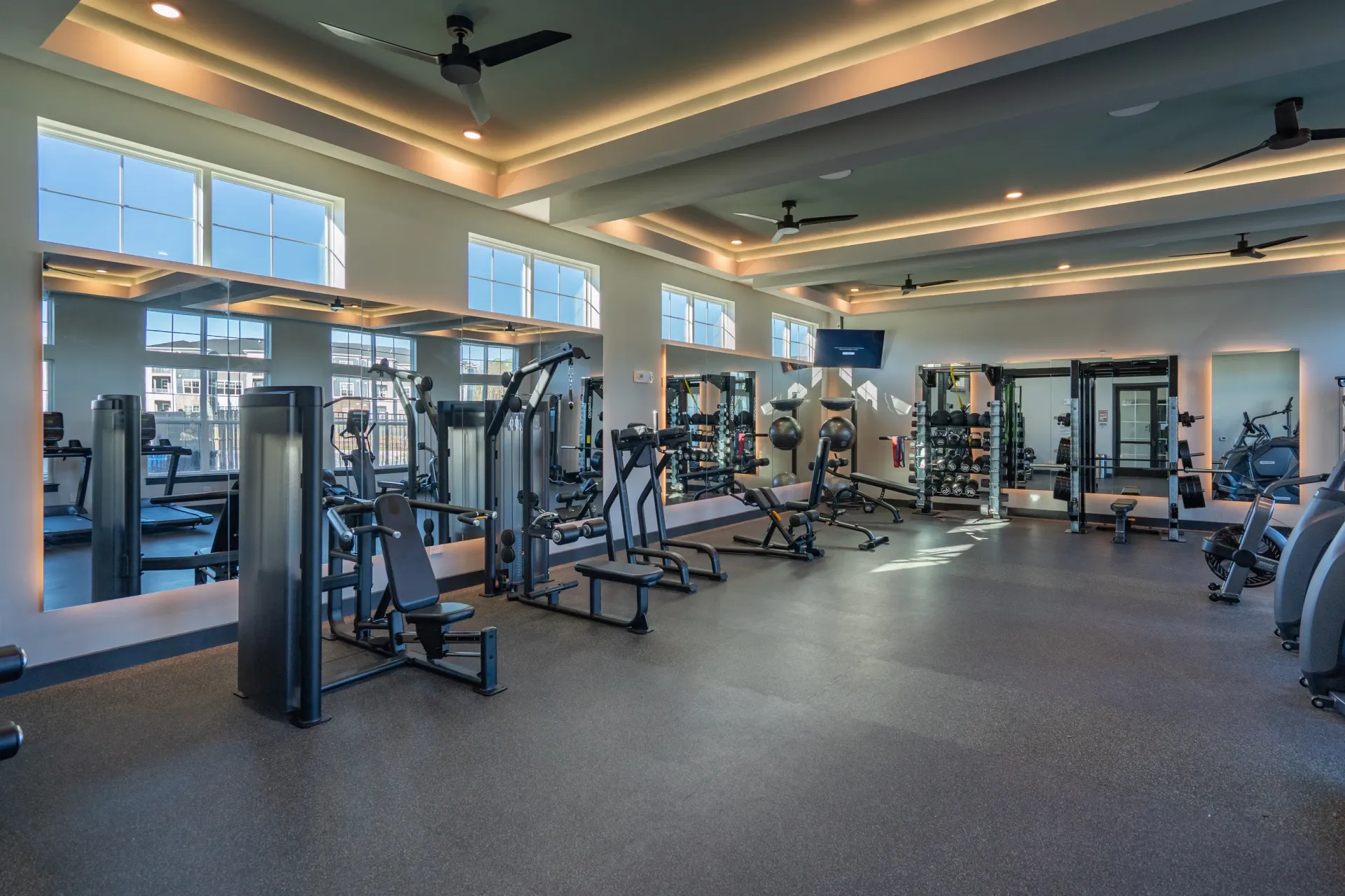 Modern apartment gym with treadmills, weight machines, and free weights.