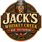 Jack’s Whiskey Creek bar and restaurant logo with rustic wood, barrel, and flames