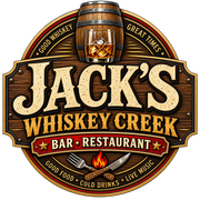 Jack’s Whiskey Creek bar and restaurant logo with rustic wood, barrel, and flames