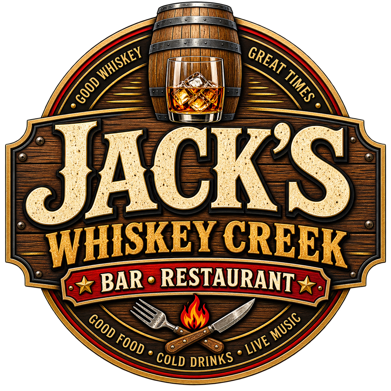 Jack’s Whiskey Creek bar and restaurant logo with rustic wood, barrel, and flames