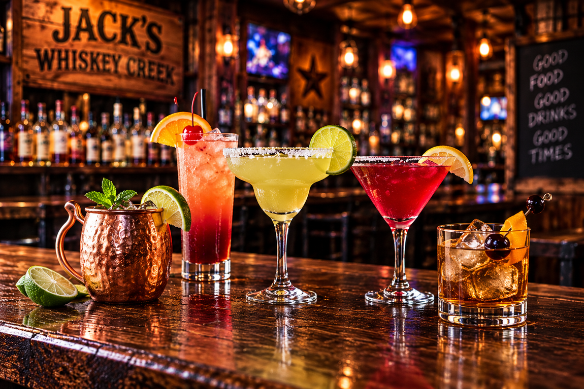 Colorful tiki cocktails lined on a bar at Jack’s Whiskey, with a warm neon-lit backdrop