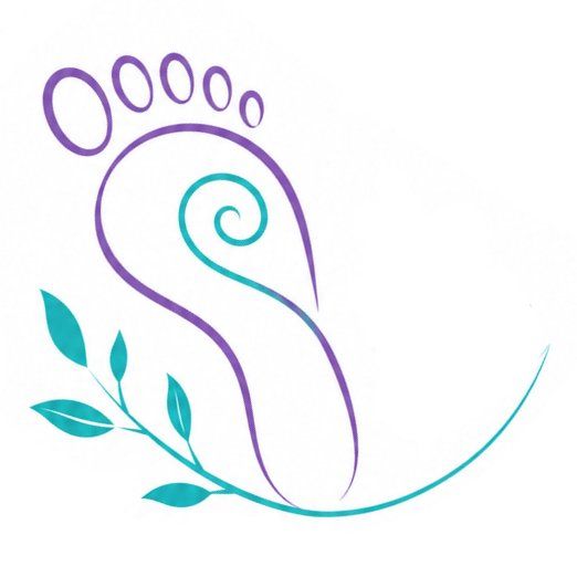 Pie morado estilizado con diseño de hoja y espiral turquesa sobre fondo blanco.