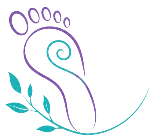 Huella estilizada de color púrpura y turquesa con hojas, que recuerda a un logotipo de masaje de pies o de bienestar.