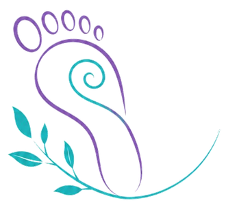 Huella estilizada de color púrpura y turquesa con hojas, que recuerda a un logotipo de masaje de pies o de bienestar.