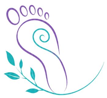 Huella estilizada de color púrpura y turquesa con hojas, que recuerda a un logotipo de masaje de pies o de bienestar.