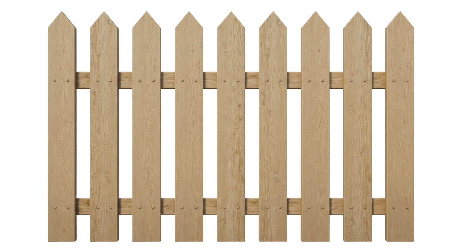 A wooden picket fence is shown on a white background. A wooden picket fence is shown on a white background.