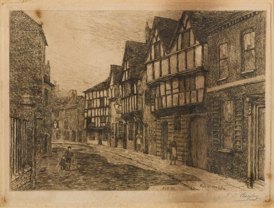 Sepia sketch of a narrow old street with timber-framed buildings and cobblestone road