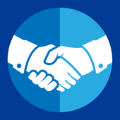 Blue circle icon with two hands shaking in white and light blue.