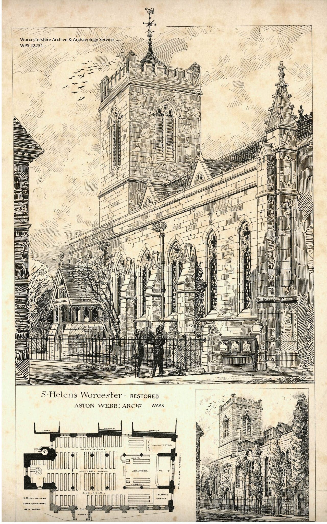 Sketch of a church exterior with a tall tower, plus small architectural plan drawings below.