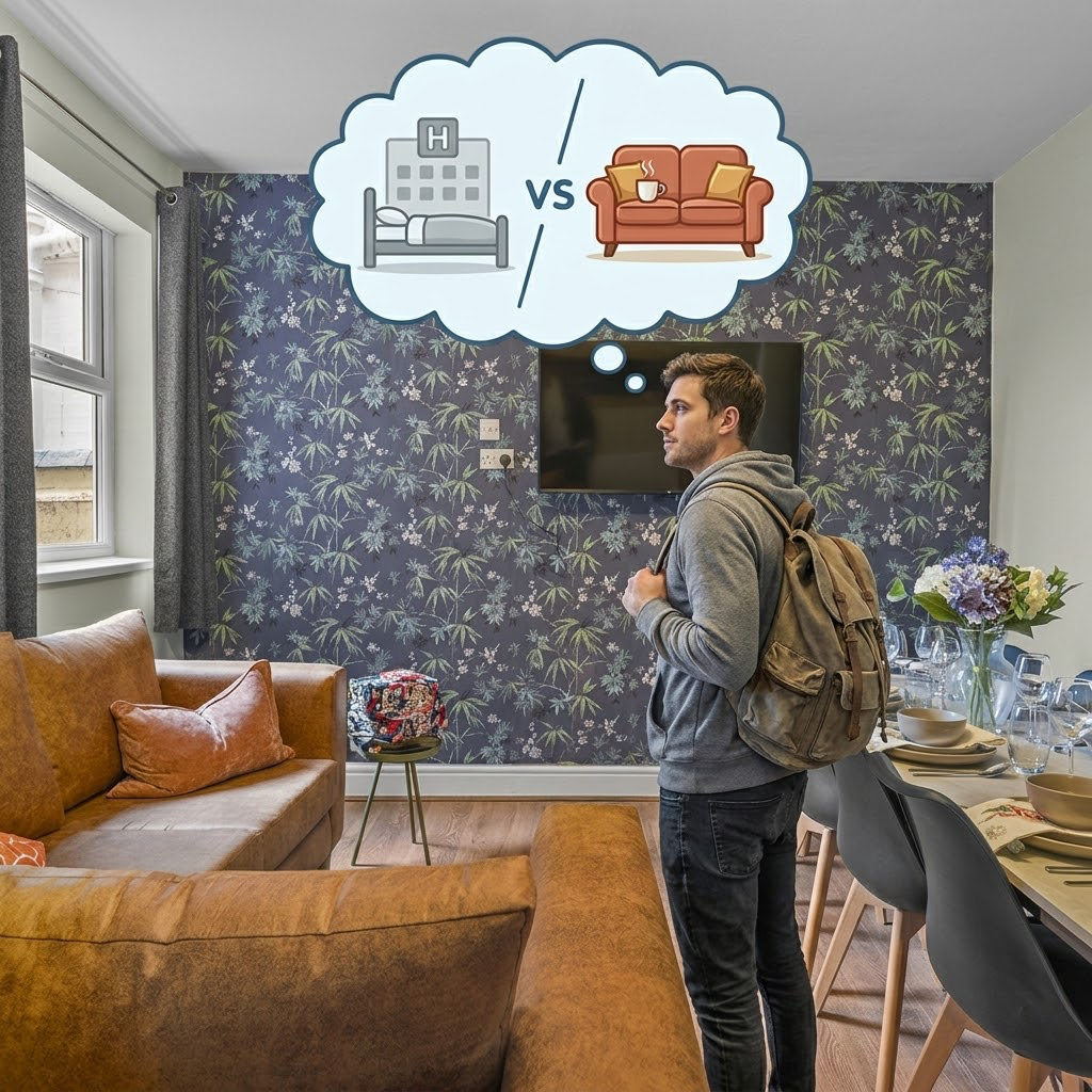 Man with backpack standing in a stylish living room, facing a thought bubble showing office vs couch.