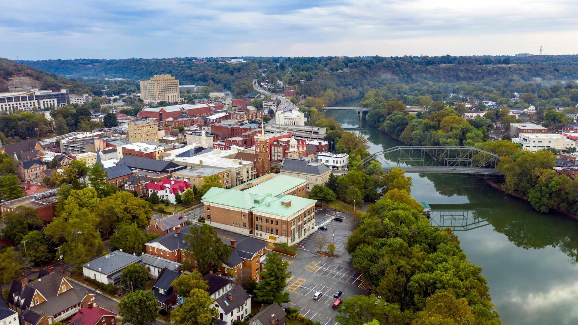 An aerial view of downtown Frankfort, KY near the Kentucky River