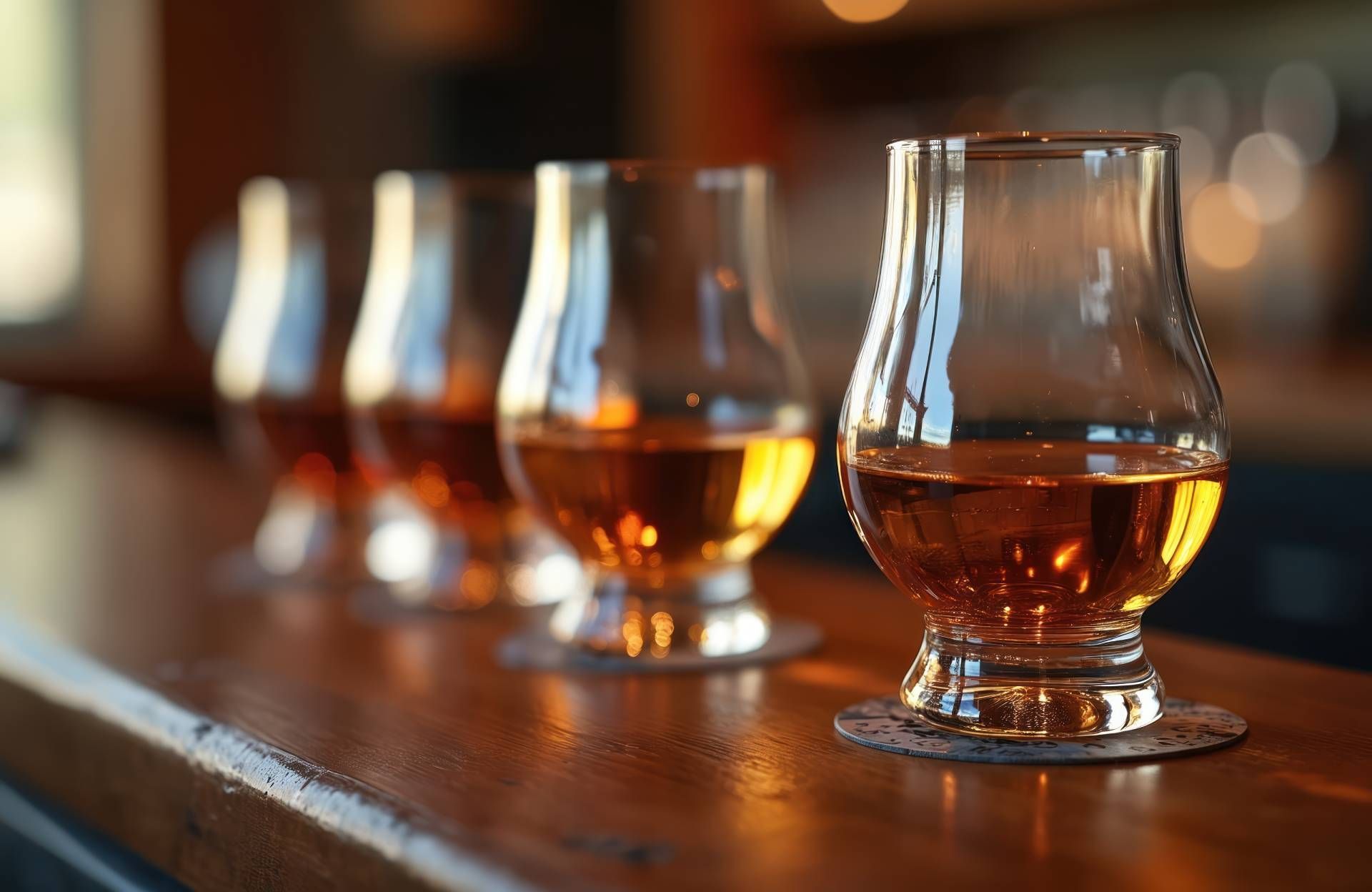 Whiskey flight on a bar counter near Frankfort, KY