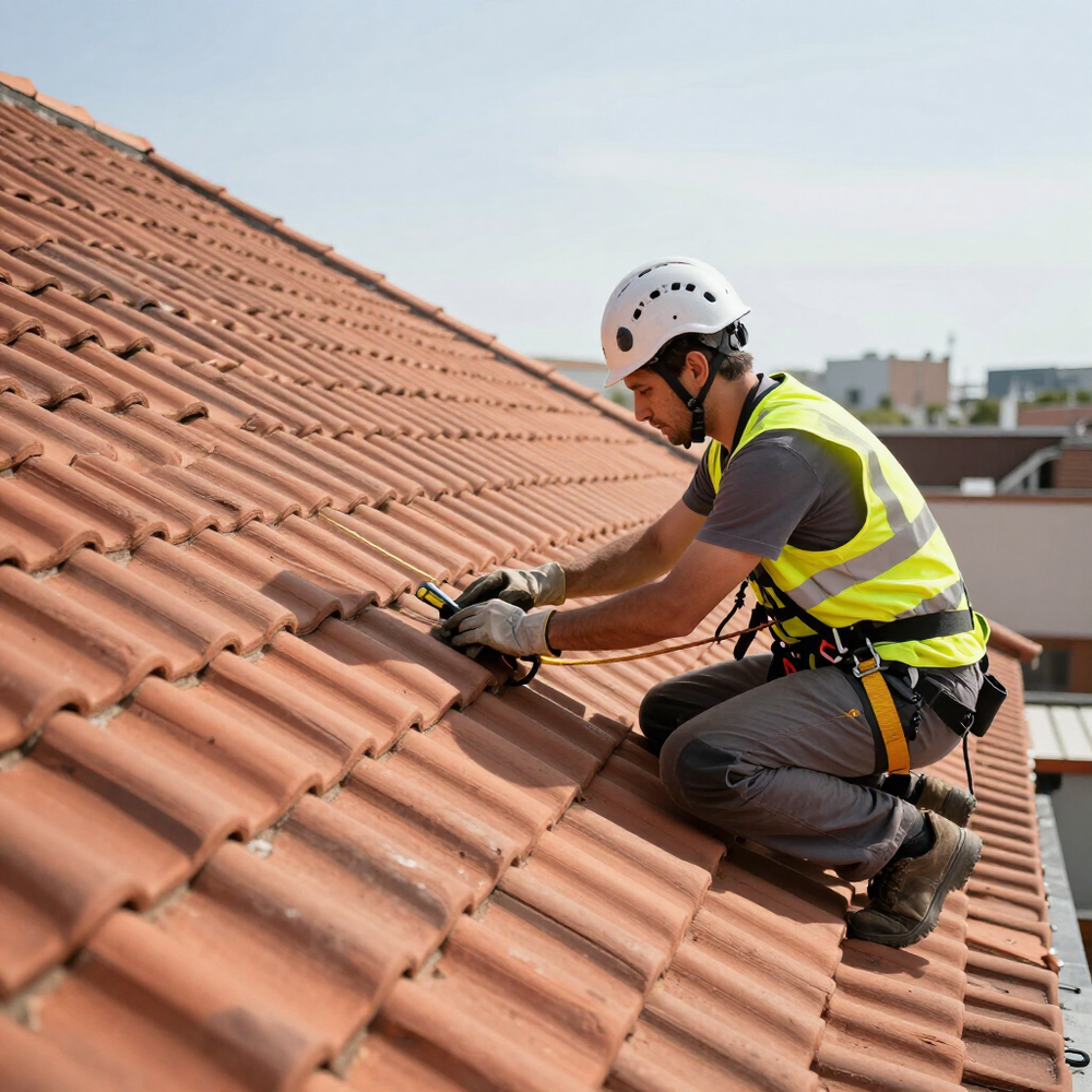 Operaio con casco e giubbotto di sicurezza ripara le tegole in terracotta di un tetto inclinato.