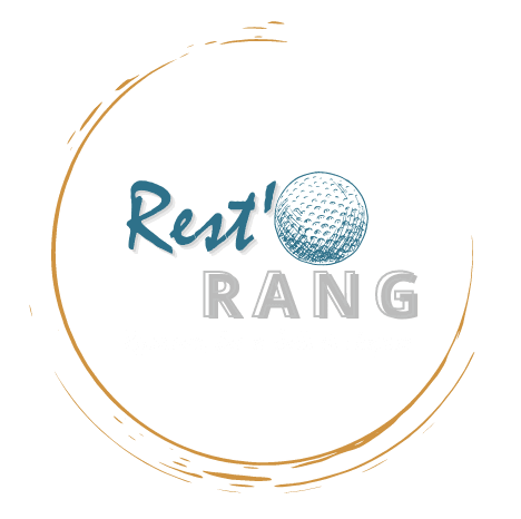 A logo for rest rang with a golf ball in a circle.
