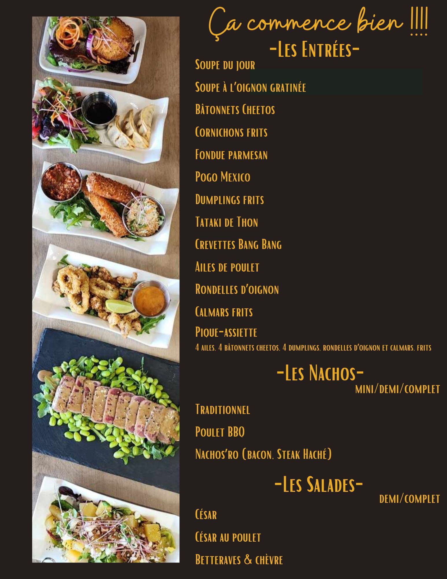 A menu for a restaurant with a lot of food on it
