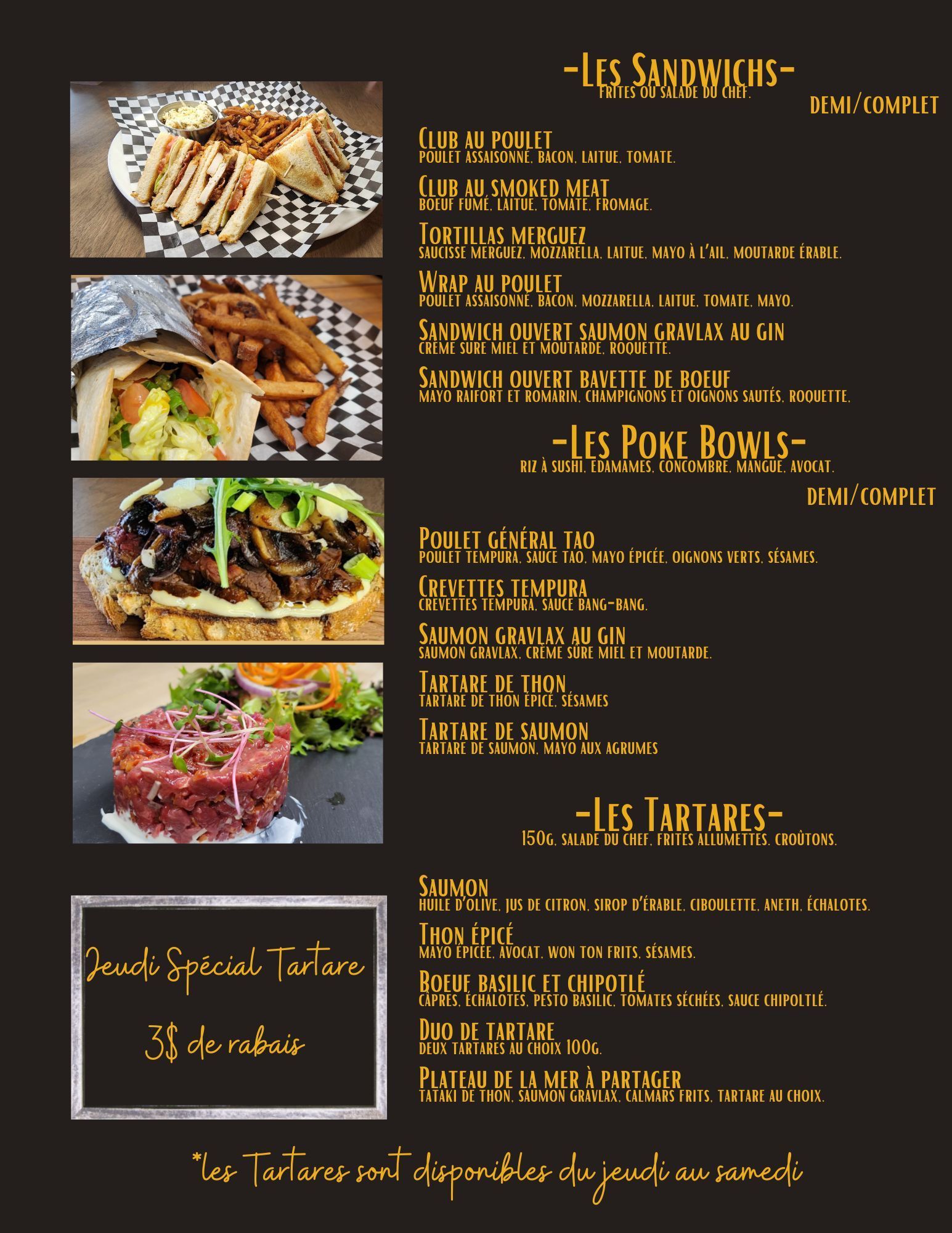 A menu for a restaurant shows a variety of food