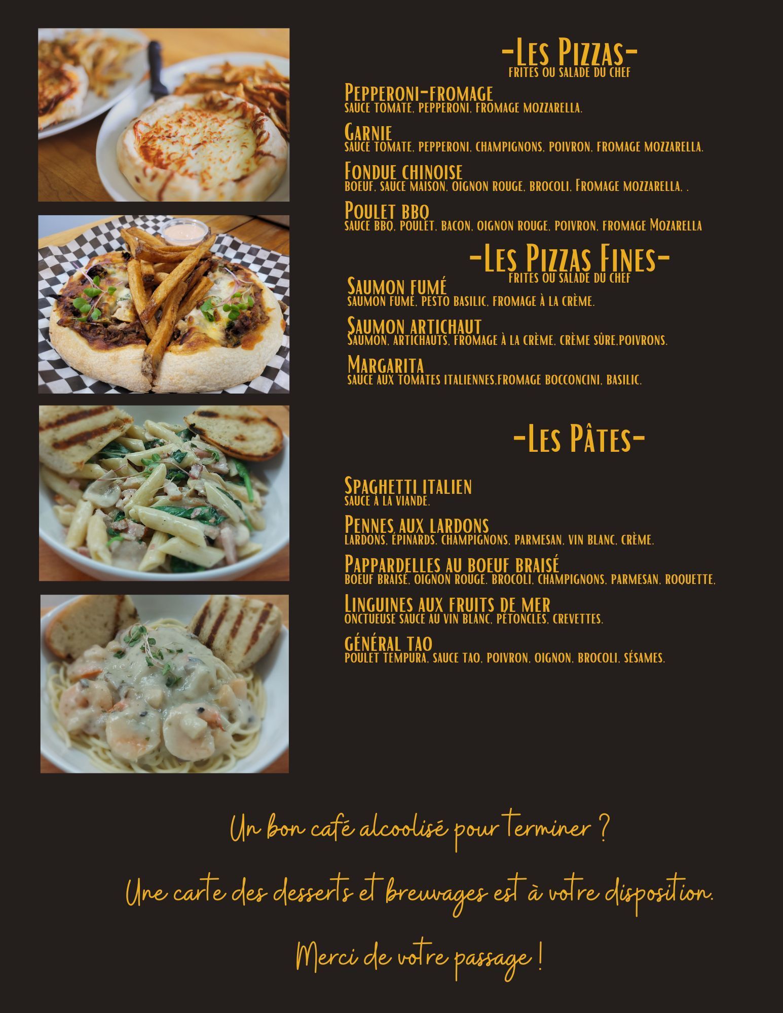 A menu for a restaurant shows a variety of food
