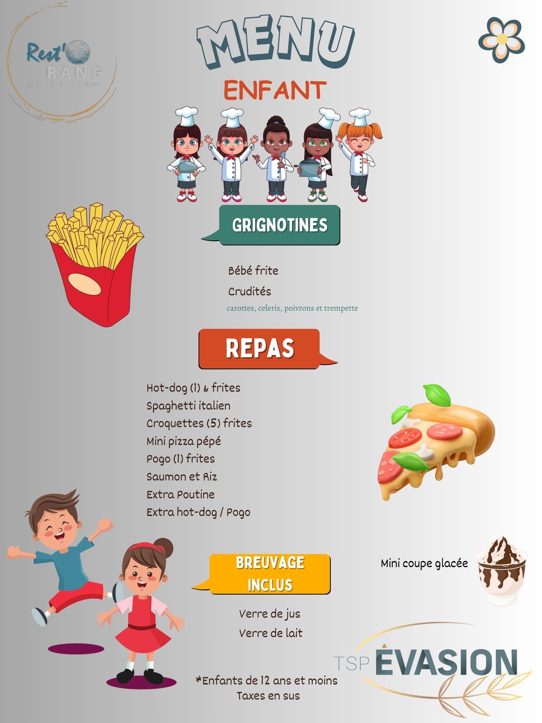 A menu for a restaurant with french fries and pizza on it.