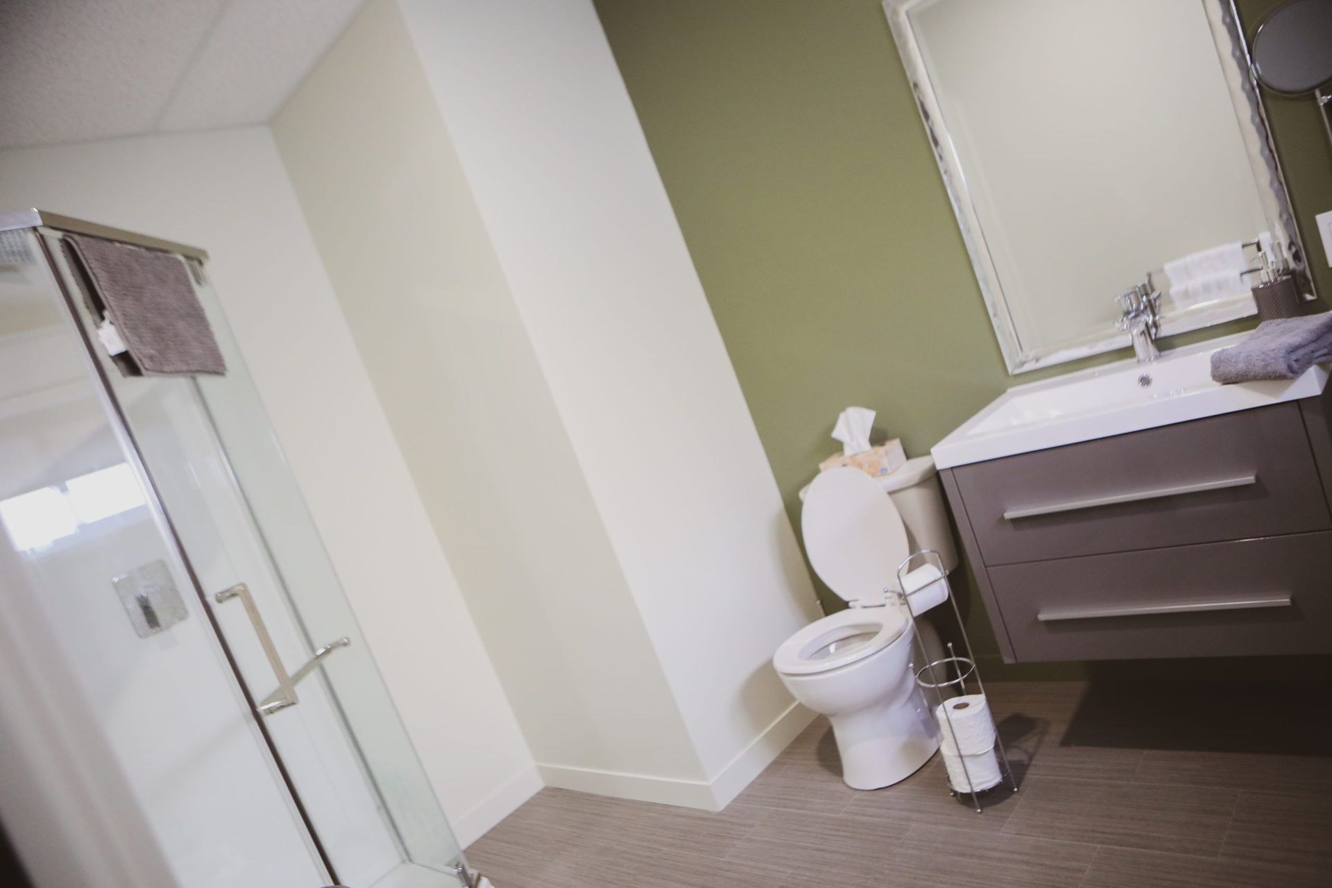Une salle de bain avec WC, lavabo et douche.