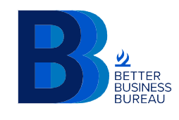 Better Business Bureau logo with stylized blue “B” and text on white background