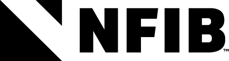 Black-and-white NFIB logo with bold letters on a diagonal background