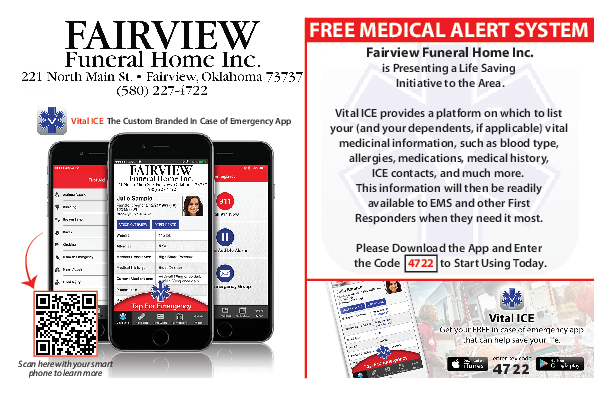 Fairview Funeral Home ad for free medical alert system, with phone app and QR code for seniors
