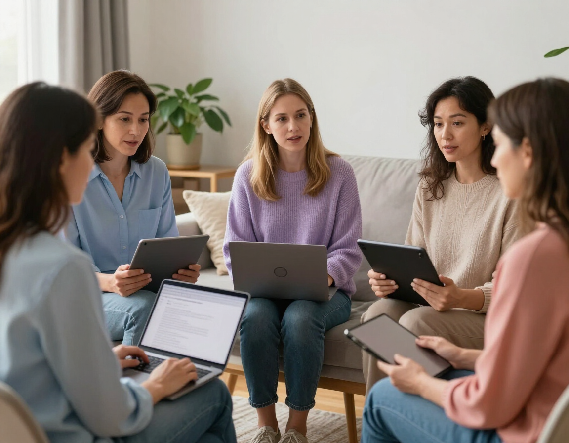 Reunión de grupo reducido con cinco personas utilizando ordenadores portátiles y tabletas en una sala de estar luminosa.