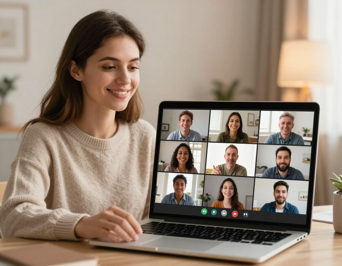 Mujer sonriendo a una computadora portátil durante una videoconferencia con varios participantes en pantalla.