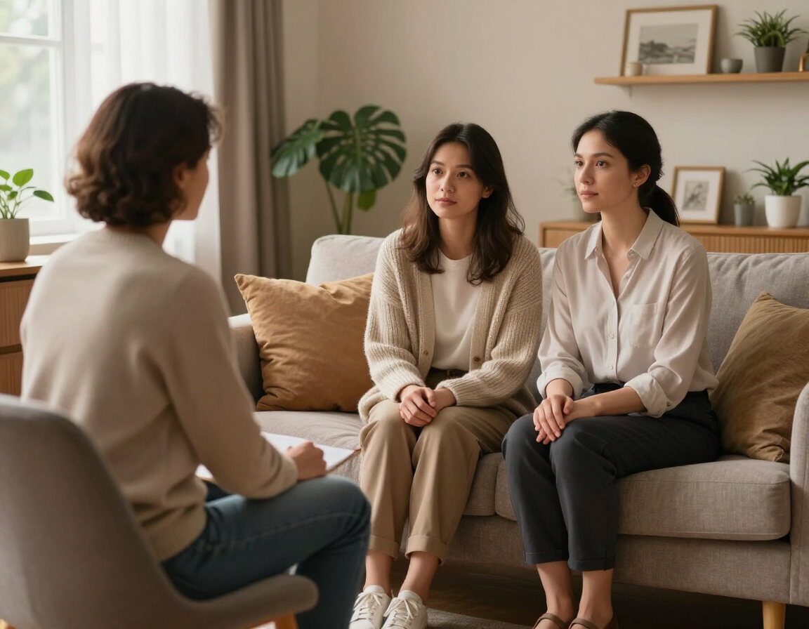 Tres personas conversando en una acogedora sala de estar con un sofá beige y plantas.