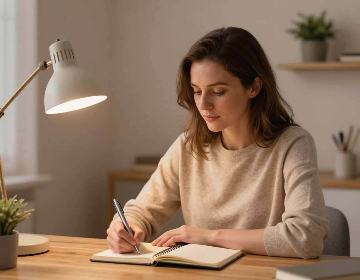 Mujer escribiendo en un cuaderno en un escritorio bajo una lámpara en una acogedora oficina en casa.