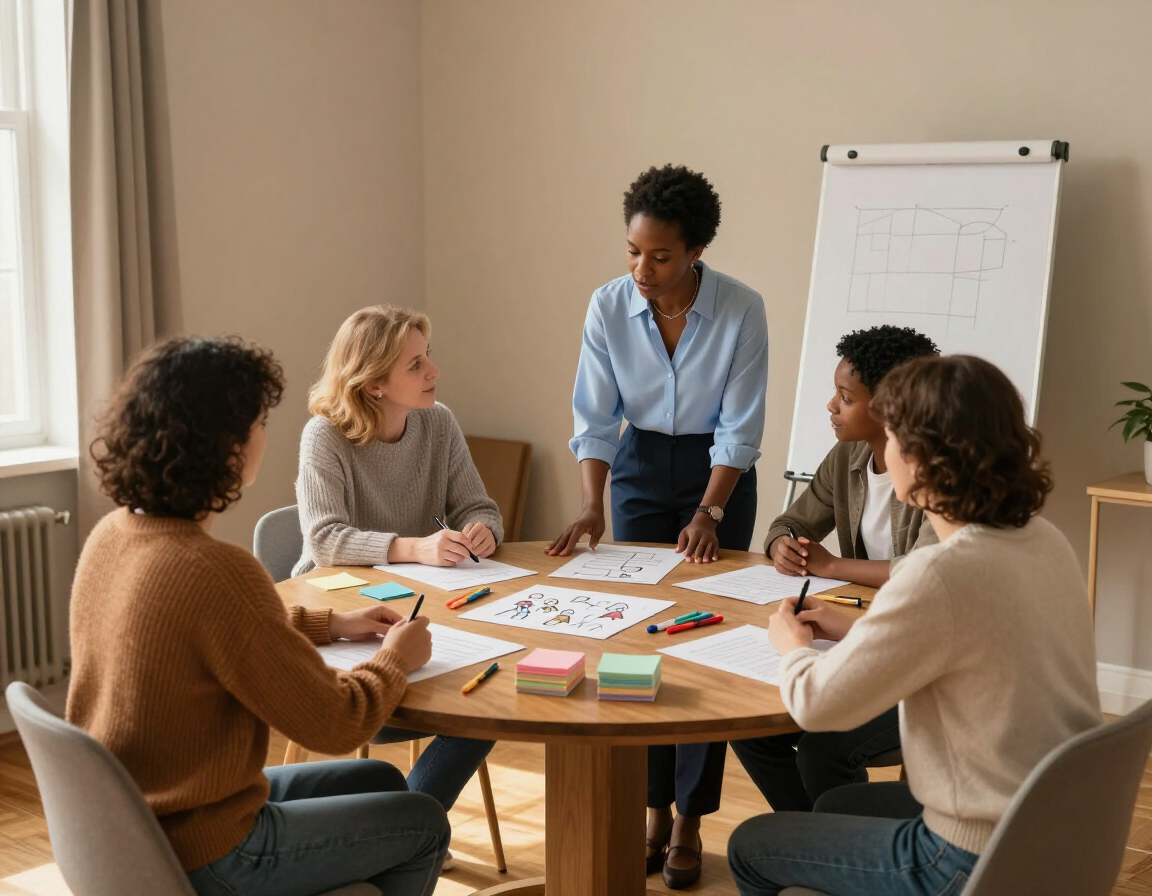 Personas colaborando alrededor de una mesa con notas en una sala de reuniones luminosa.