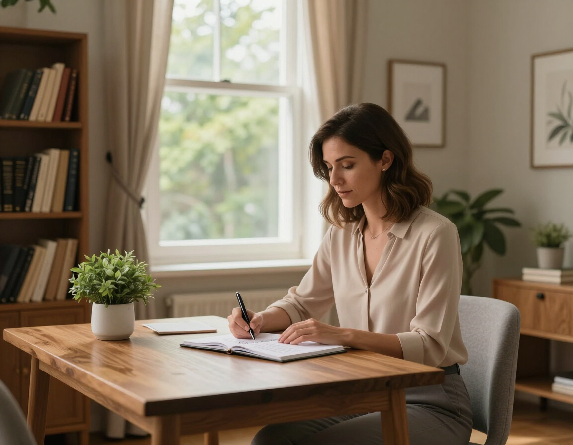 Una persona escribe en un escritorio de madera en una luminosa oficina en casa con plantas y una ventana.