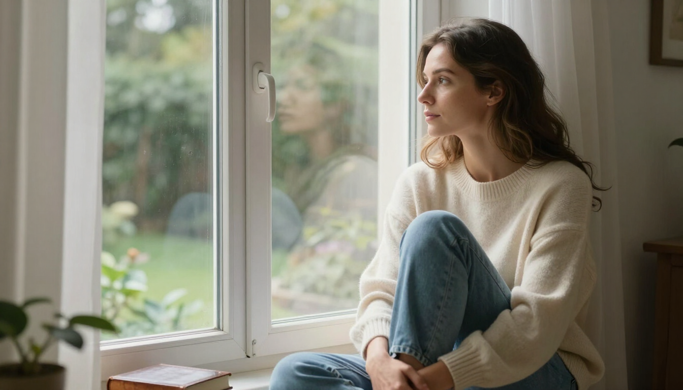 Mujer sentada junto a una ventana, mirando hacia afuera en una habitación acogedora con luz natural tenue.